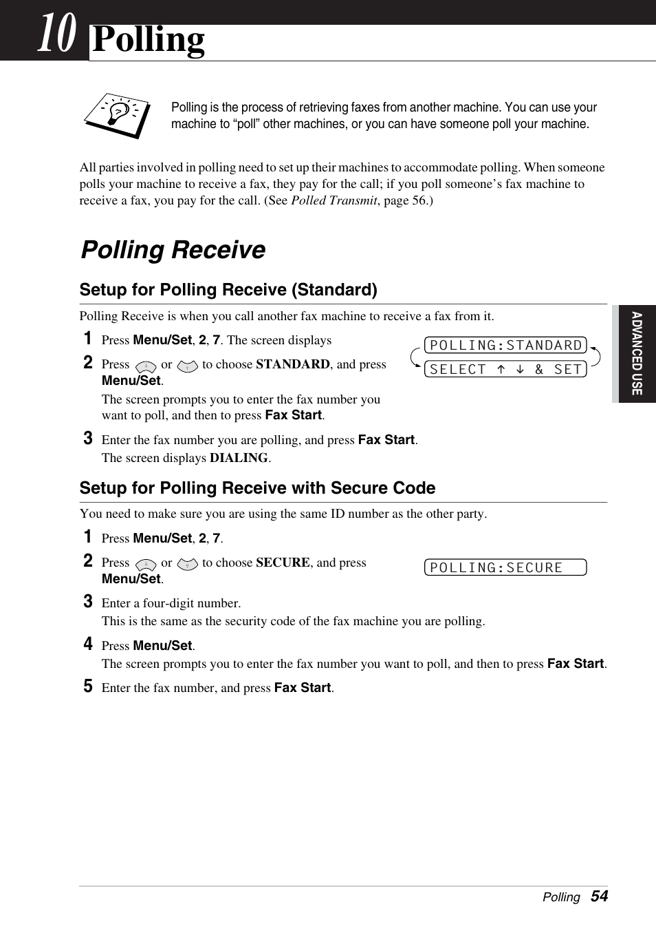10 polling, Polling receive, Setup for polling receive (standard) | Setup for polling receive with secure code, Chapter 10, Polling | Brother FAX-1030E User Manual | Page 61 / 118