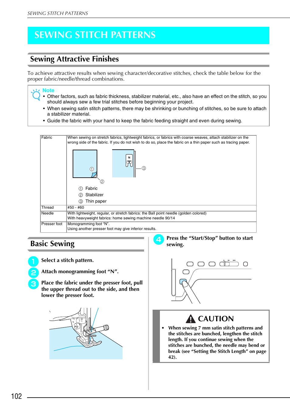 Sewing stitch patterns, Sewing attractive finishes, Basic sewing | Caution | Brother 882-S90/S91 User Manual | Page 113 / 249