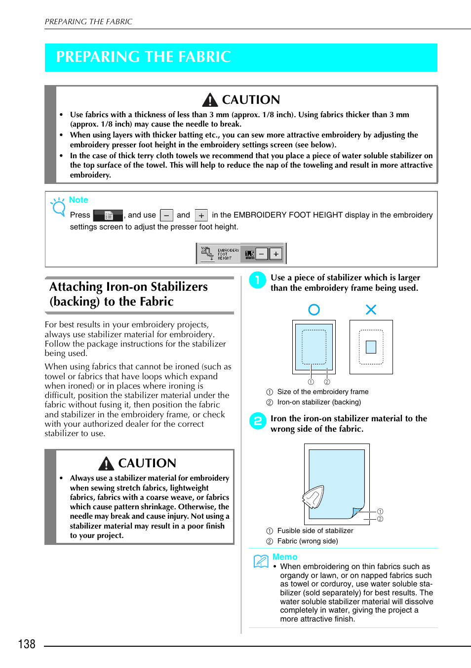 Preparing the fabric, Caution | Brother 882-S90/S91 User Manual | Page 149 / 249