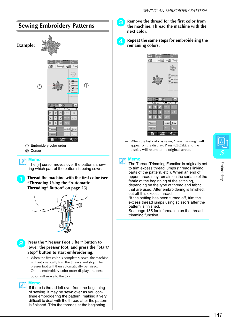 Sewing embroidery patterns | Brother 882-S90/S91 User Manual | Page 158 / 249