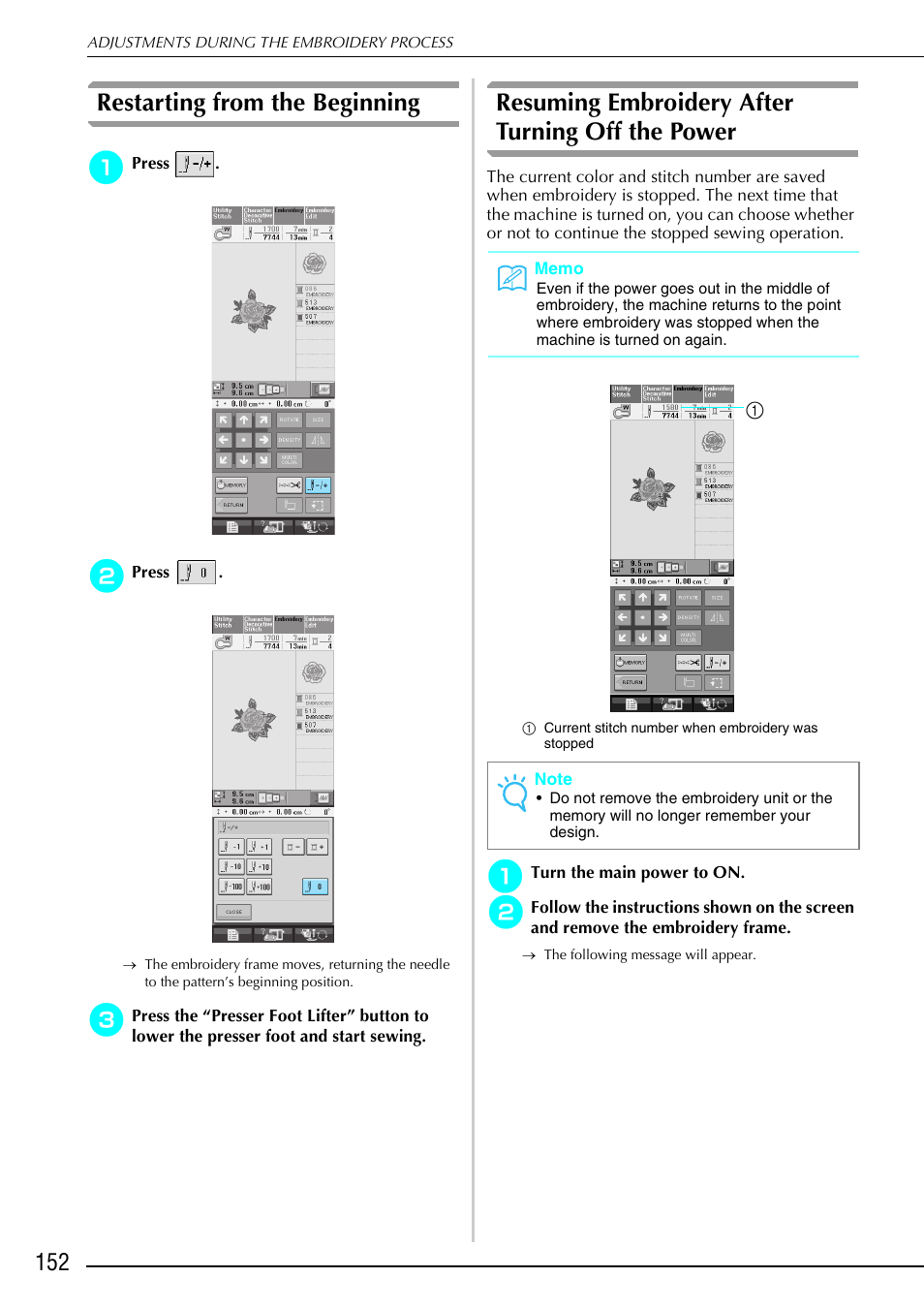 Restarting from the beginning, Resuming embroidery after turning off the power | Brother 882-S90/S91 User Manual | Page 163 / 249