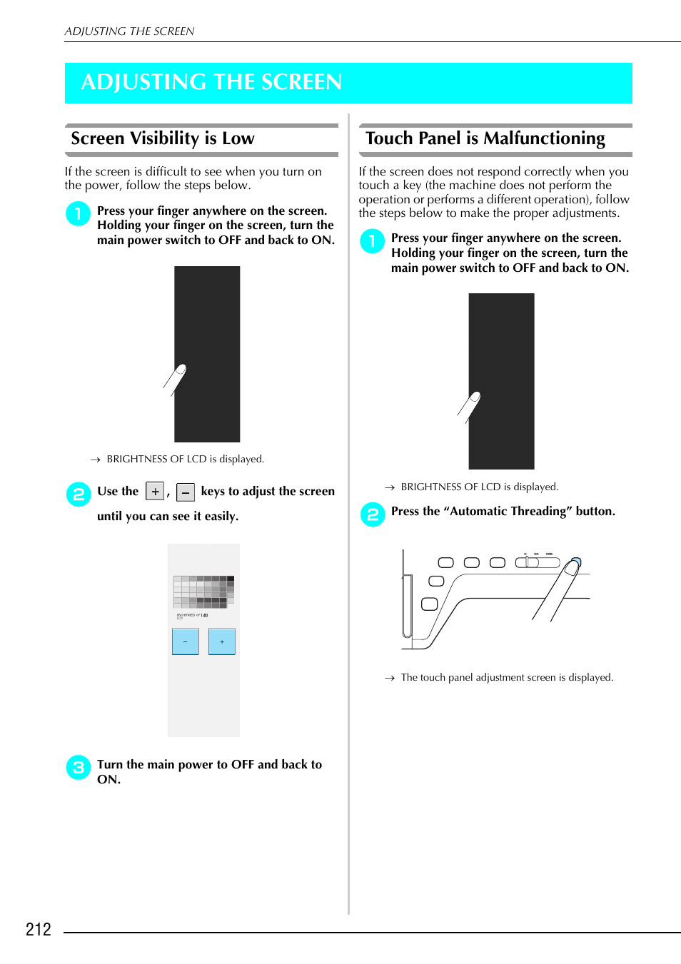 Adjusting the screen, Screen visibility is low, Touch panel is malfunctioning | Brother 882-S90/S91 User Manual | Page 223 / 249