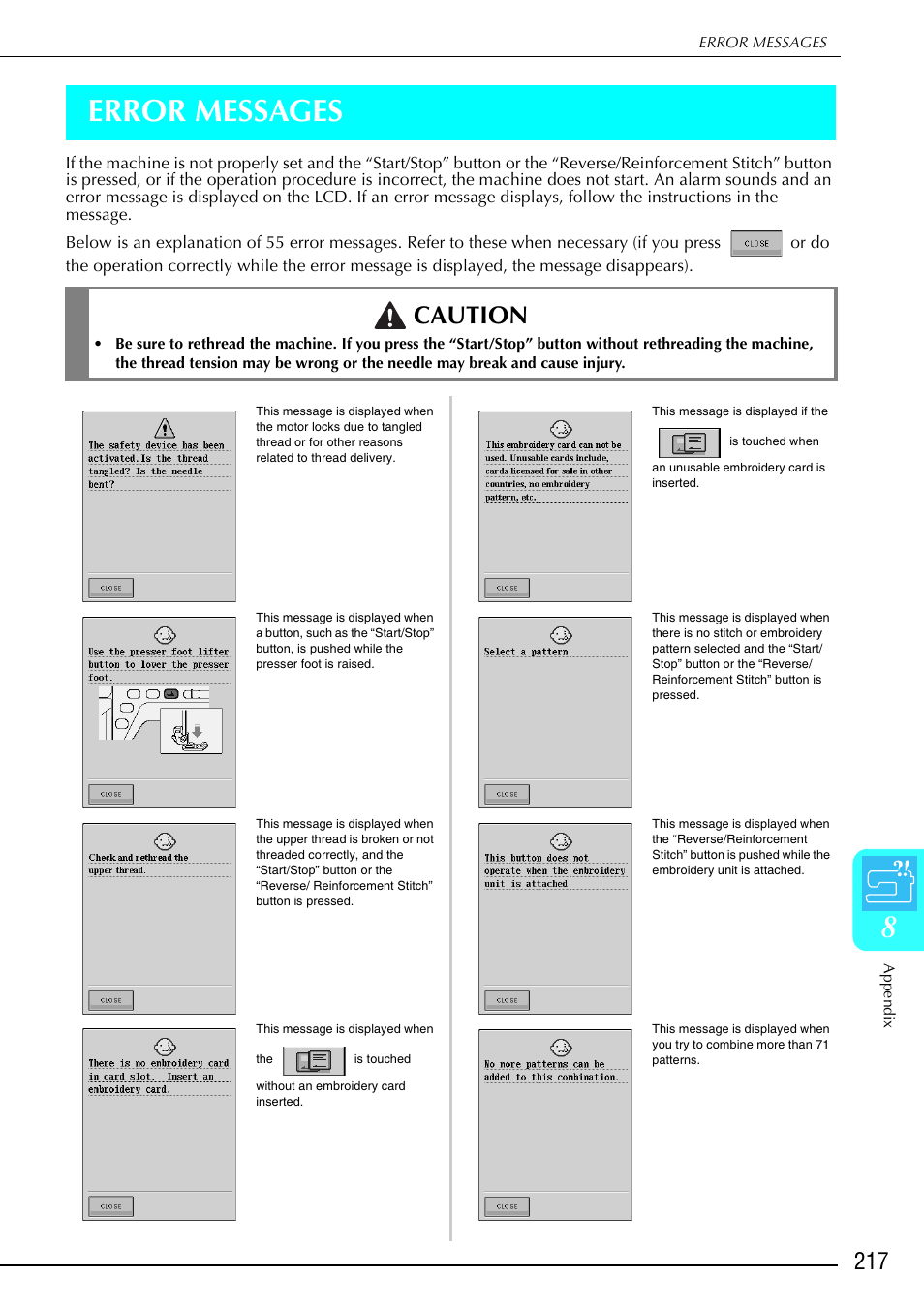 8error messages, Caution | Brother 882-S90/S91 User Manual | Page 228 / 249