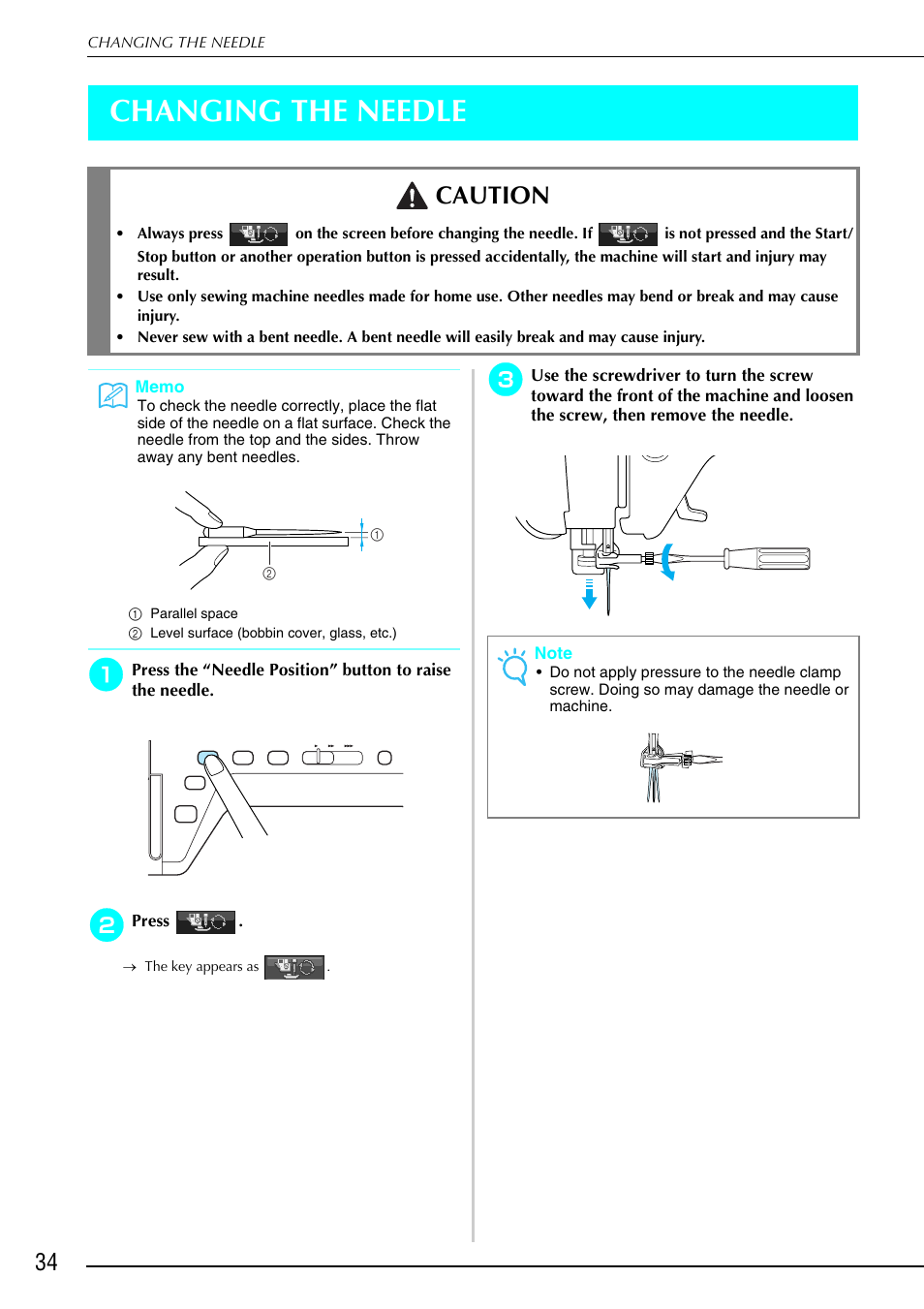 Changing the needle, Caution | Brother 882-S90/S91 User Manual | Page 45 / 249