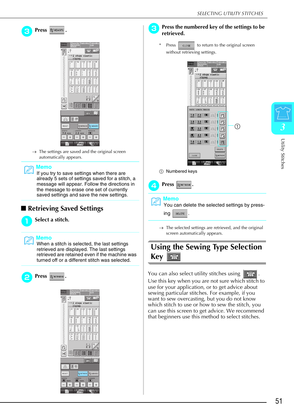 Using the sewing type selection key, Retrieving saved settings | Brother 882-S90/S91 User Manual | Page 62 / 249