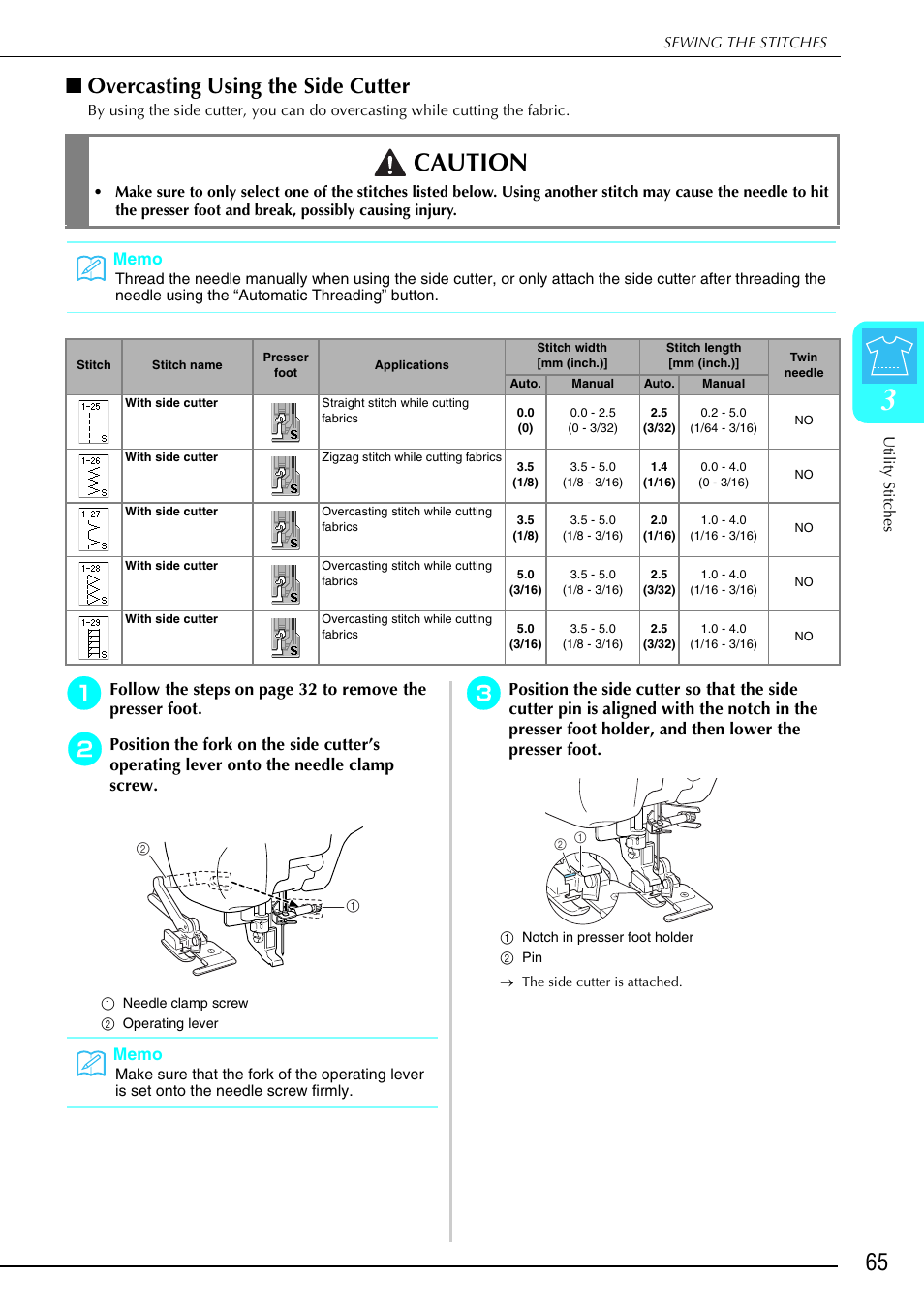 Caution, Overcasting using the side cutter | Brother 882-S90/S91 User Manual | Page 76 / 249
