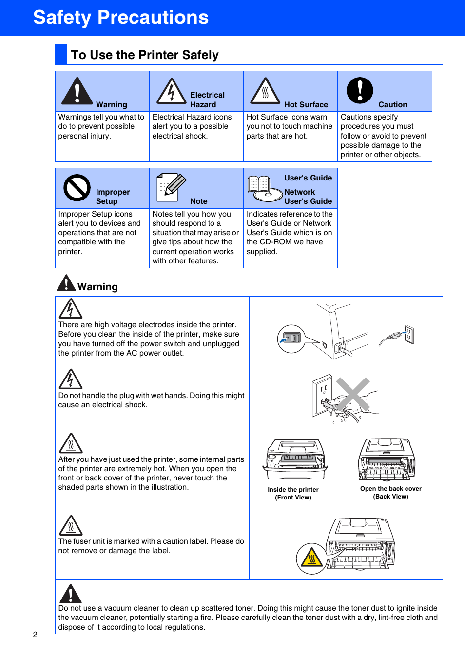 To use the printer safely, Safety precautions, Warning | Brother HL-2030 User Manual | Page 2 / 18