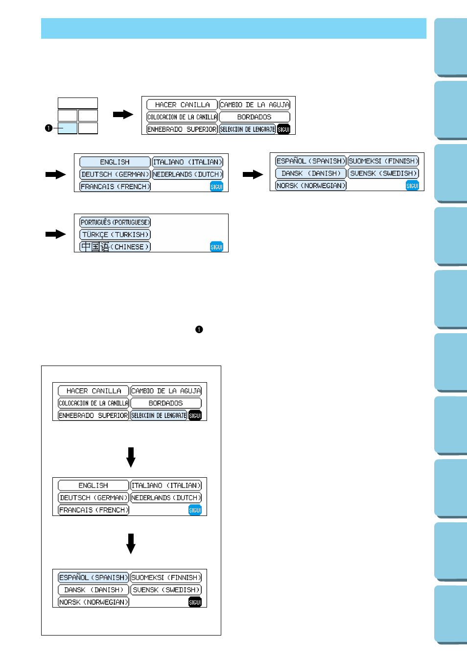 Como usar la tecla de seleccion de lenguaje | Brother PERSONAL EMBROIDERY SYSTEM PE-150 User Manual | Page 86 / 146