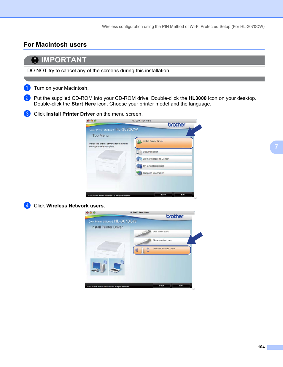 For macintosh users, Important, 7for macintosh users | Brother HL 3070CW User Manual | Page 114 / 211