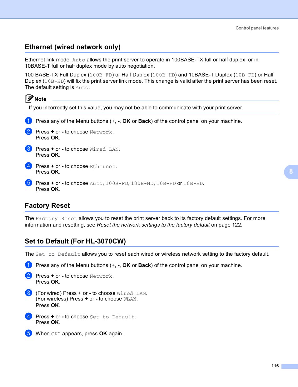 Ethernet (wired network only), Factory reset, Set to default (for hl-3070cw) | 8ethernet (wired network only) | Brother HL 3070CW User Manual | Page 126 / 211