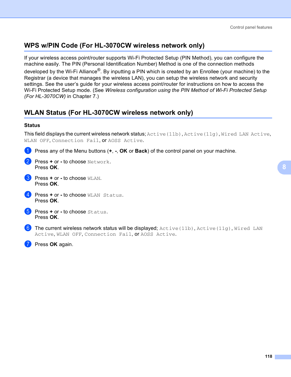 Wlan status (for hl-3070cw wireless network only) | Brother HL 3070CW User Manual | Page 128 / 211
