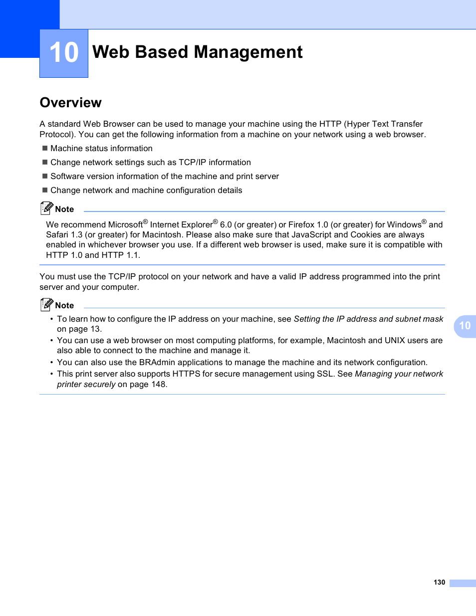10 web based management, Overview, Web based management | Brother HL 3070CW User Manual | Page 140 / 211