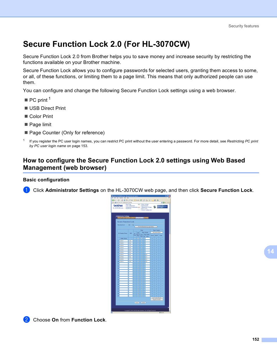 Secure function lock 2.0 (for hl-3070cw), Web browser) | Brother HL 3070CW User Manual | Page 162 / 211