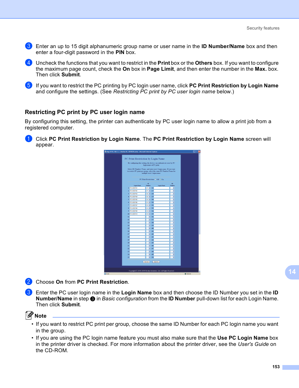 Restricting pc print by pc user login name | Brother HL 3070CW User Manual | Page 163 / 211