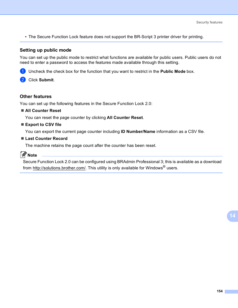 Setting up public mode, Other features | Brother HL 3070CW User Manual | Page 164 / 211