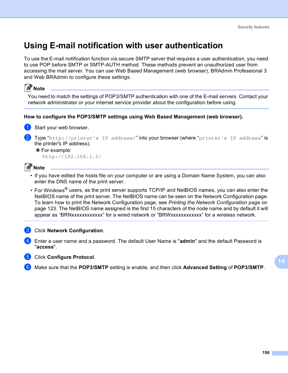 Using e-mail notification with user authentication | Brother HL 3070CW User Manual | Page 166 / 211