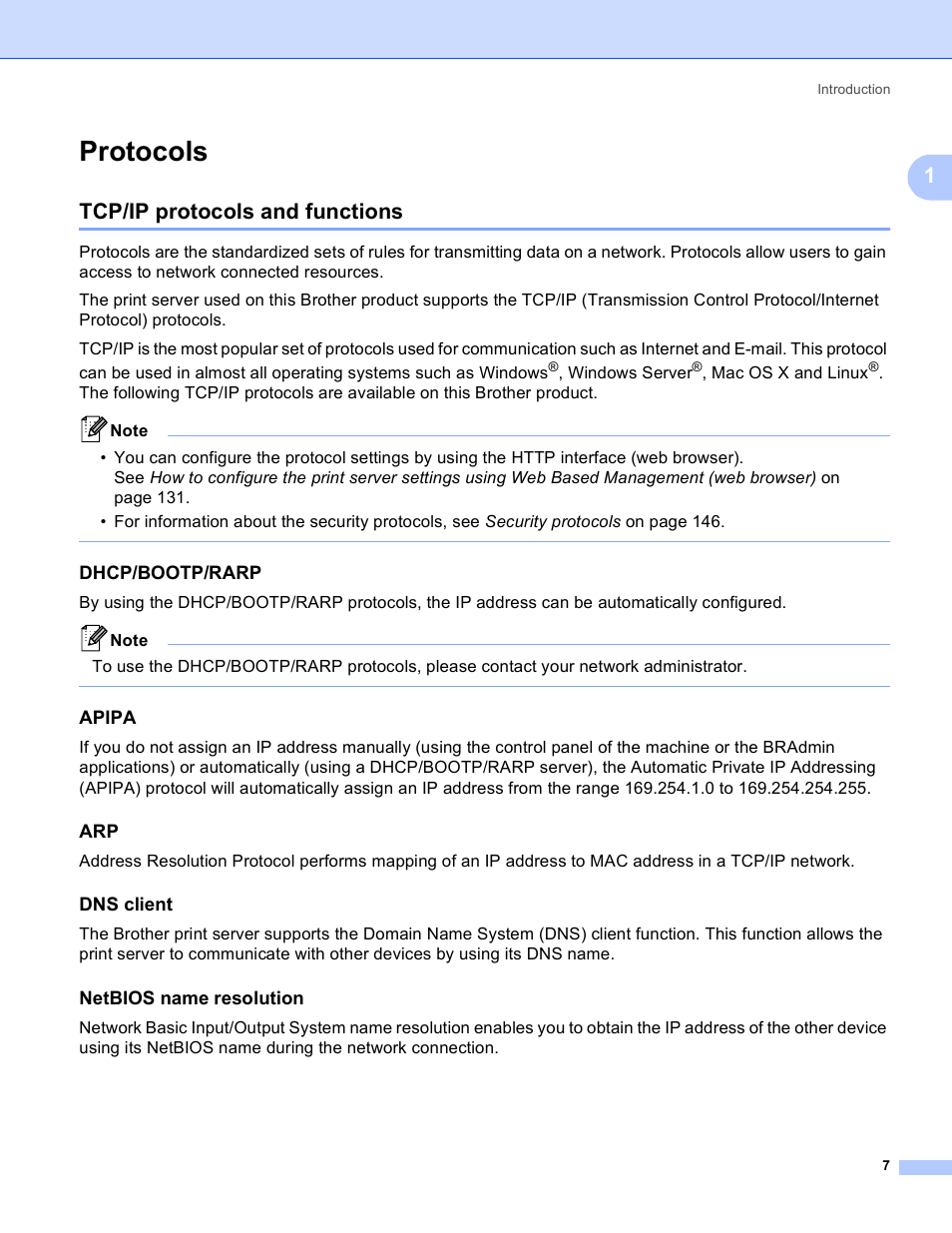 Protocols, Tcp/ip protocols and functions, Dhcp/bootp/rarp | Apipa, Dns client, Netbios name resolution | Brother HL 3070CW User Manual | Page 17 / 211