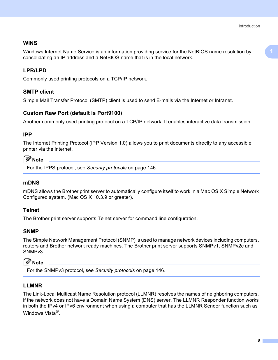 Wins, Lpr/lpd, Smtp client | Custom raw port (default is port9100), Mdns, Telnet, Snmp, Llmnr | Brother HL 3070CW User Manual | Page 18 / 211