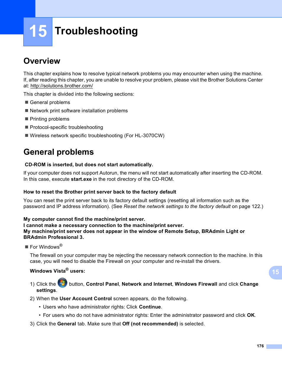 15 troubleshooting, Overview, General problems | Troubleshooting, Overview general problems | Brother HL 3070CW User Manual | Page 186 / 211