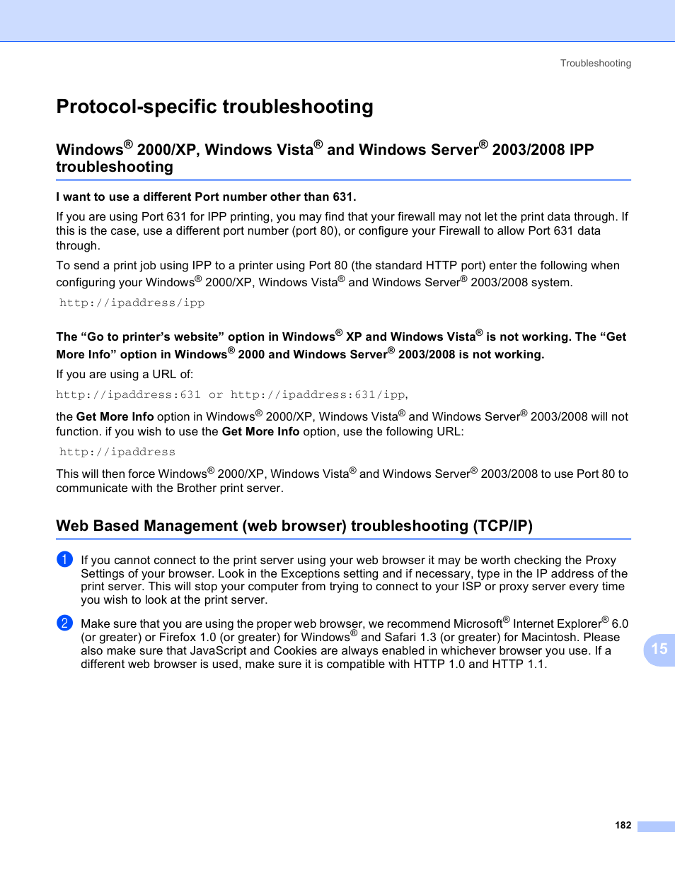 Protocol-specific troubleshooting, Windows, 2000/xp, windows vista | And windows server, 2003/2008 ipp, Troubleshooting, Windows server | Brother HL 3070CW User Manual | Page 192 / 211