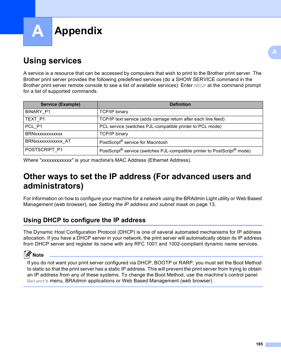 A appendix, Using services, Using dhcp to configure the ip address | Appendix | Brother HL 3070CW User Manual | Page 195 / 211