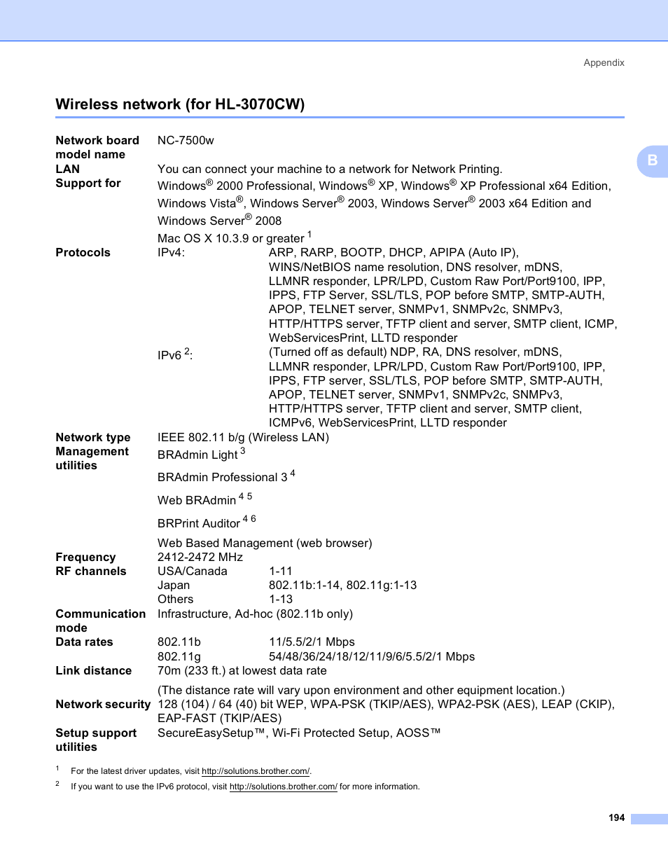 Wireless network (for hl-3070cw), Bwireless network (for hl-3070cw) | Brother HL 3070CW User Manual | Page 204 / 211