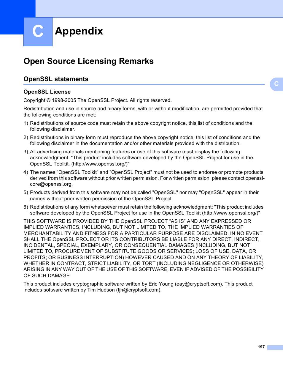 C appendix, Open source licensing remarks, Openssl statements | Openssl license, Appendix | Brother HL 3070CW User Manual | Page 207 / 211