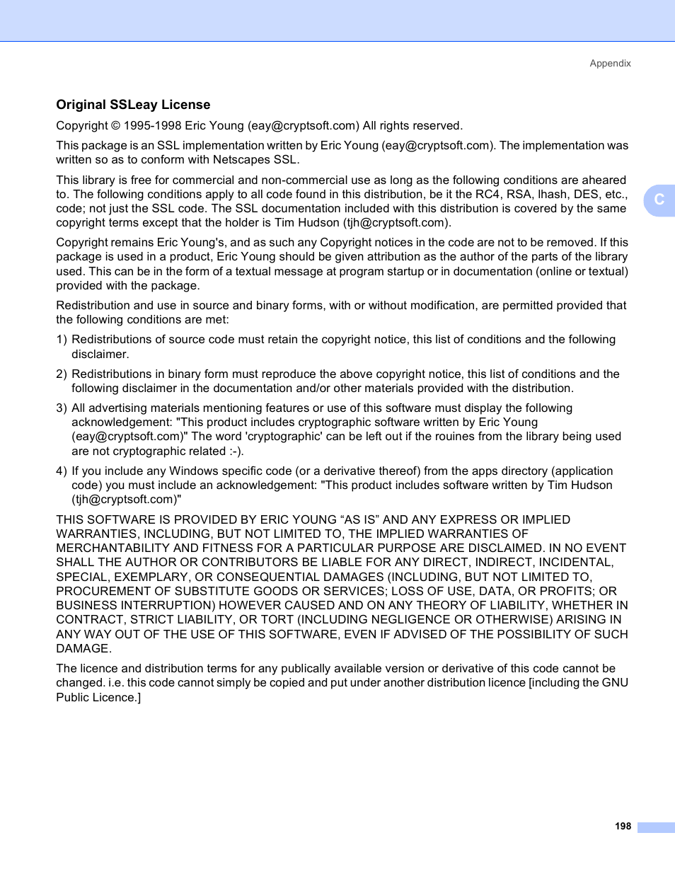 Original ssleay license | Brother HL 3070CW User Manual | Page 208 / 211