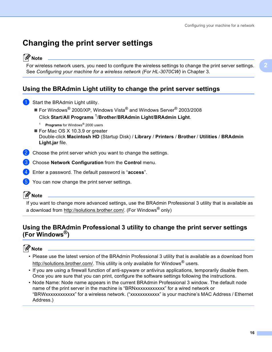 Changing the print server settings, Windows | Brother HL 3070CW User Manual | Page 26 / 211