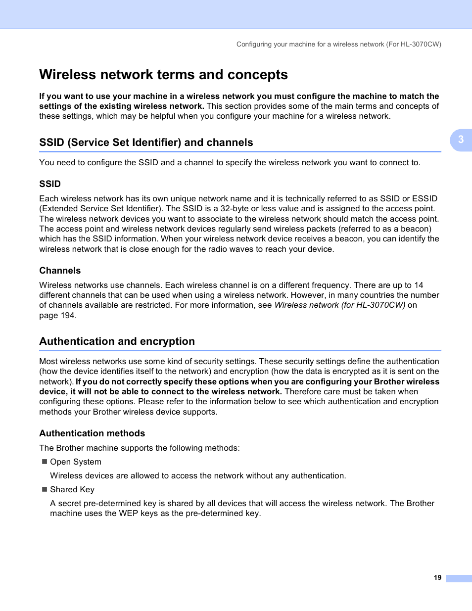 Wireless network terms and concepts, Ssid (service set identifier) and channels, Ssid | Channels, Authentication and encryption, Authentication methods | Brother HL 3070CW User Manual | Page 29 / 211