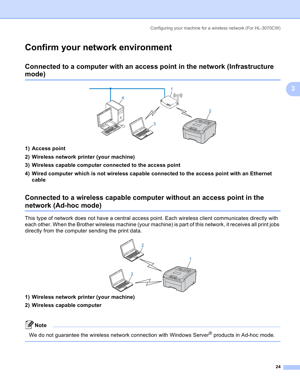 Confirm your network environment, Hoc mode) | Brother HL 3070CW User Manual | Page 34 / 211