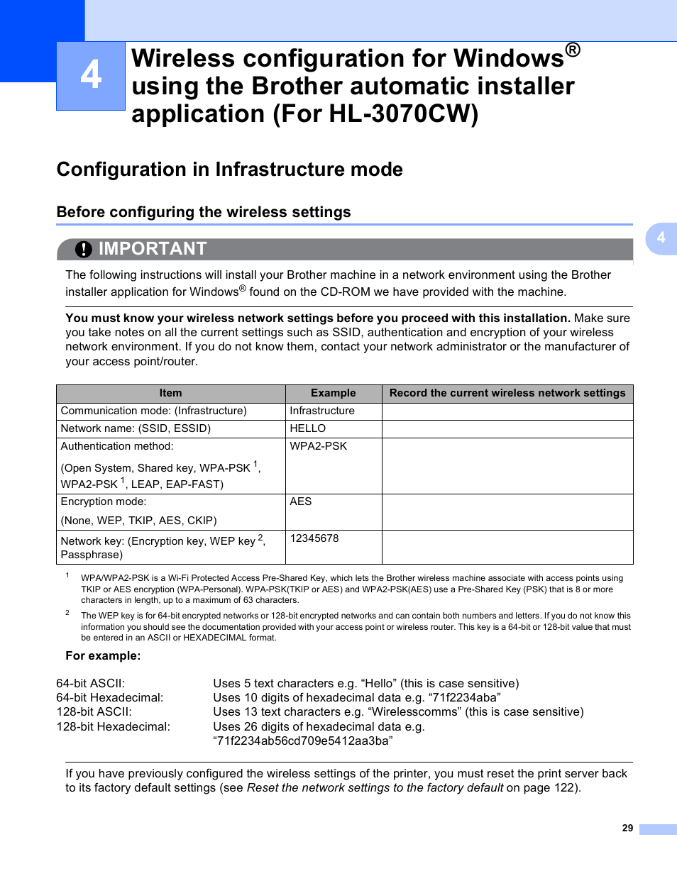Configuration in infrastructure mode, Before configuring the wireless settings, Wireless configuration for windows | Using the brother automatic installer, Application (for hl-3070cw), Using the brother automatic installer application, For hl-3070cw) in chapter 4, Important | Brother HL 3070CW User Manual | Page 39 / 211