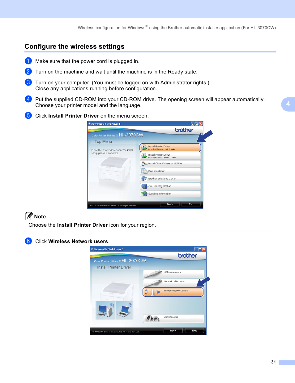 Configure the wireless settings, 4configure the wireless settings | Brother HL 3070CW User Manual | Page 41 / 211