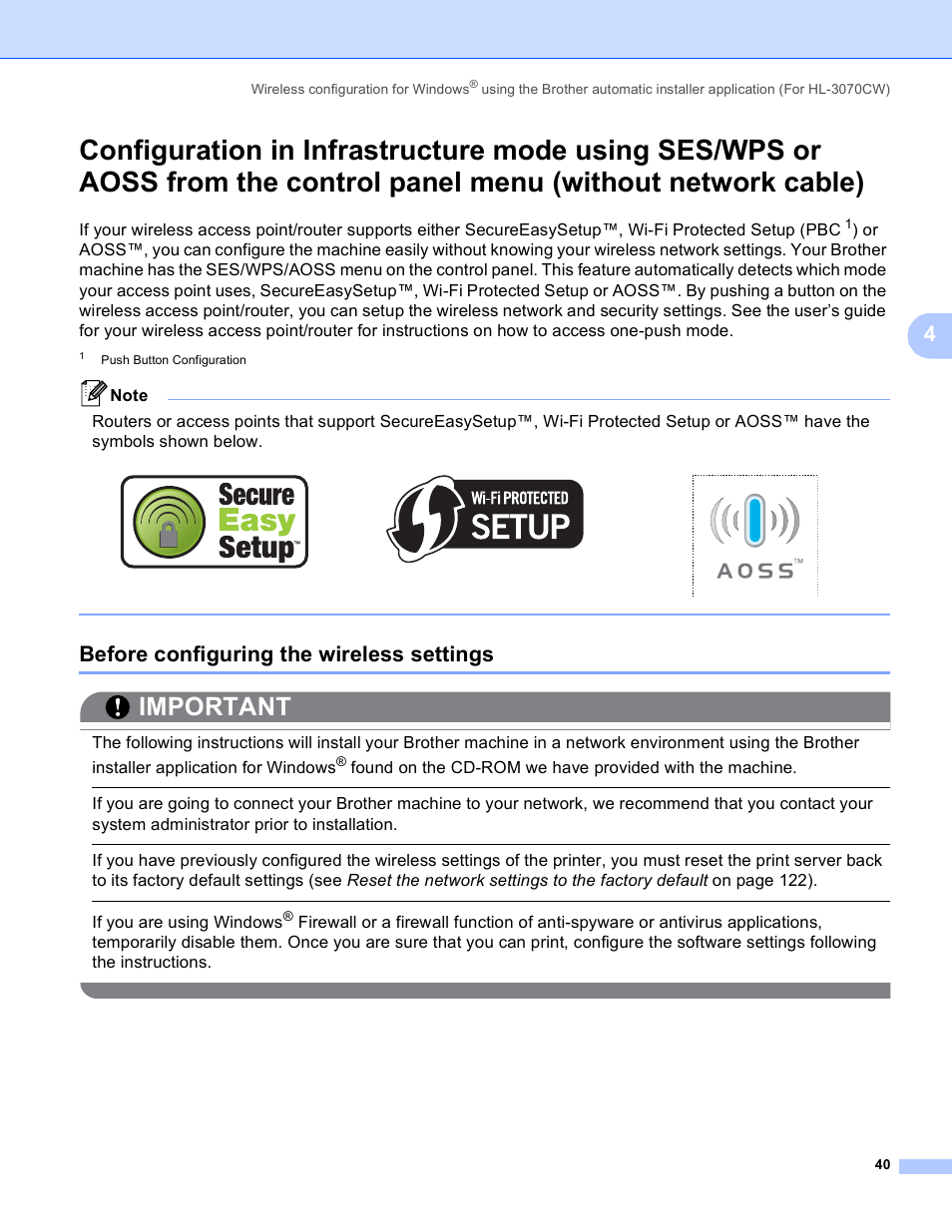 Before configuring the wireless settings, Without network cable), Important | Brother HL 3070CW User Manual | Page 50 / 211