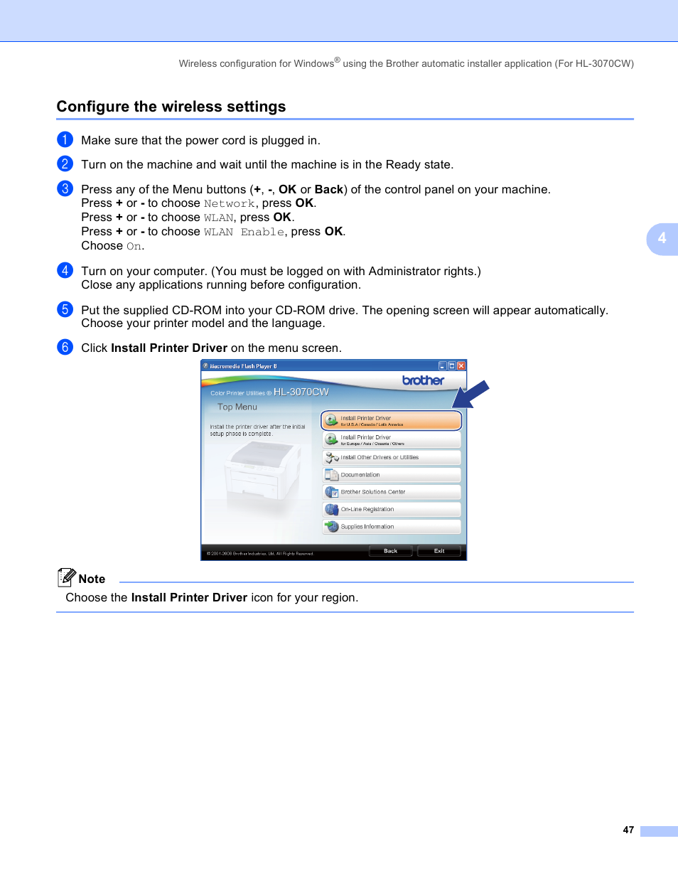 Configure the wireless settings, 4configure the wireless settings | Brother HL 3070CW User Manual | Page 57 / 211