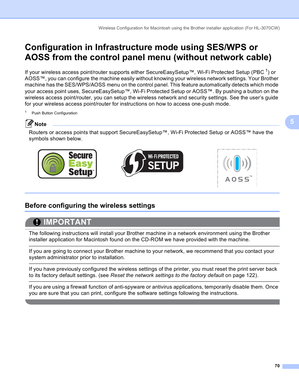 Before configuring the wireless settings, Without network cable), Important | Brother HL 3070CW User Manual | Page 80 / 211