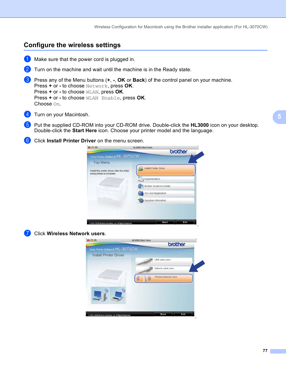 Configure the wireless settings | Brother HL 3070CW User Manual | Page 87 / 211