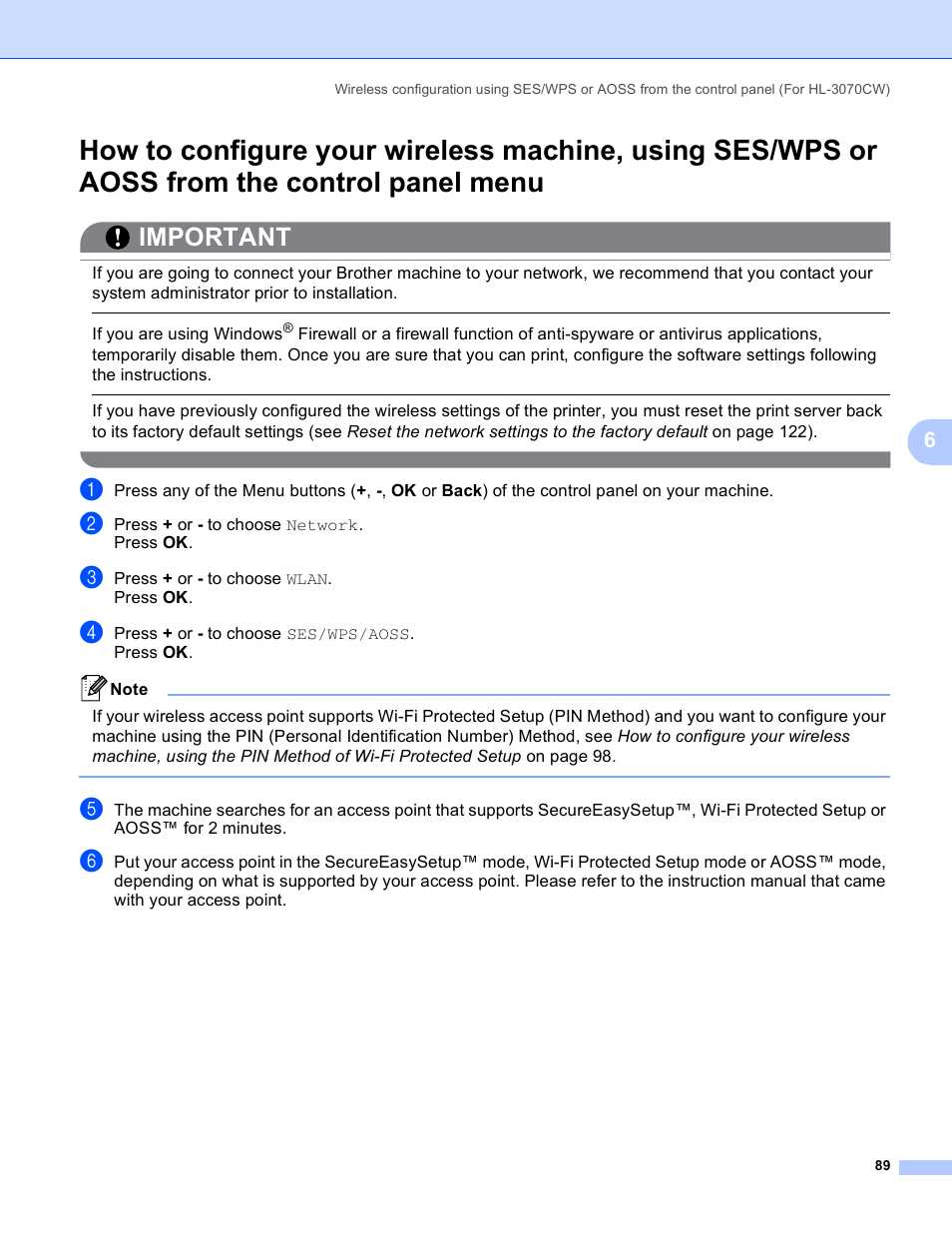 Menu, Important | Brother HL 3070CW User Manual | Page 99 / 211