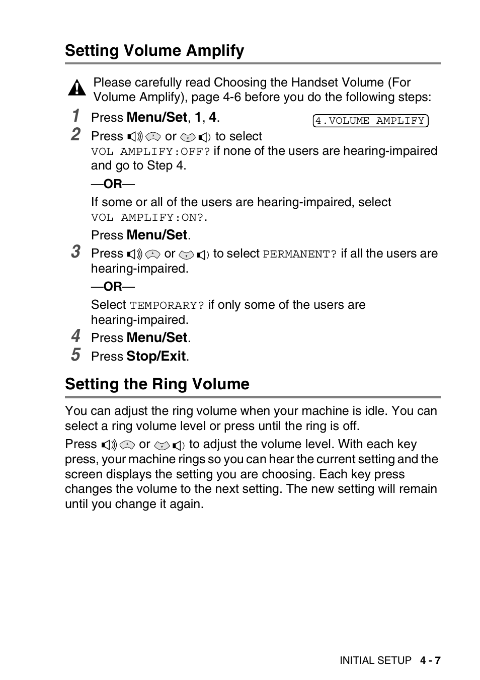 Setting volume amplify, Setting the ring volume | Brother FAX-565 User Manual | Page 51 / 148