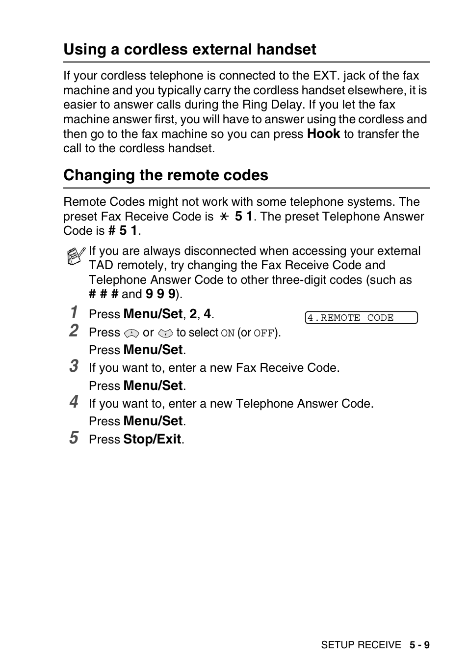 Using a cordless external handset, Changing the remote codes | Brother FAX-565 User Manual | Page 61 / 148