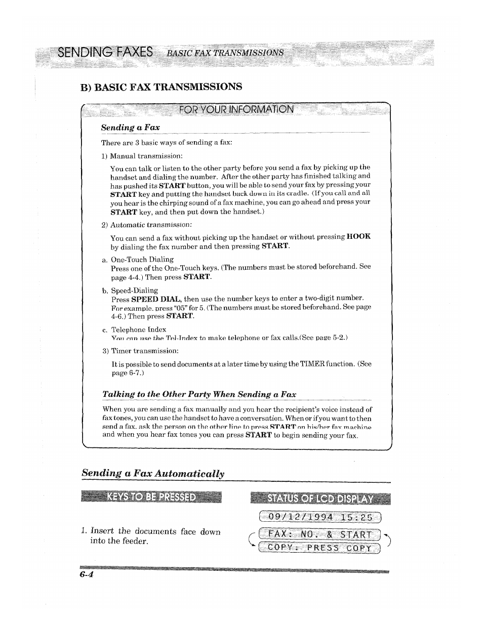 B) basic fax transmissions, Insert the documents face down into the feeder, S--cop wl | B) basic fax transmissions -4, Sending a fax automatically | Brother 2500ML User Manual | Page 54 / 132