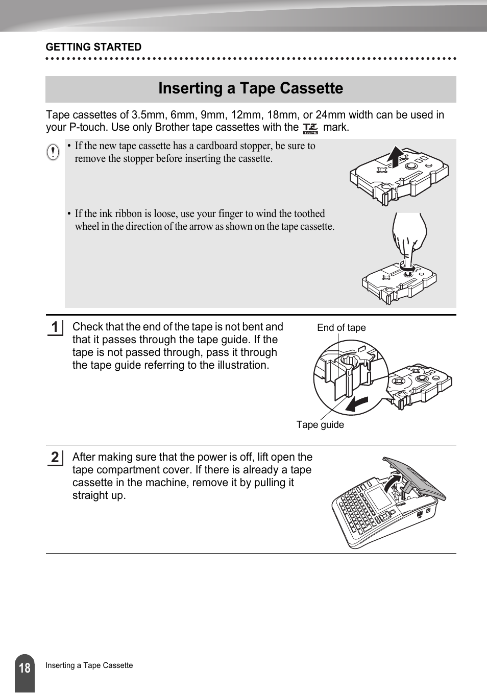 Inserting a tape cassette | Brother LW6091001 User Manual | Page 22 / 84