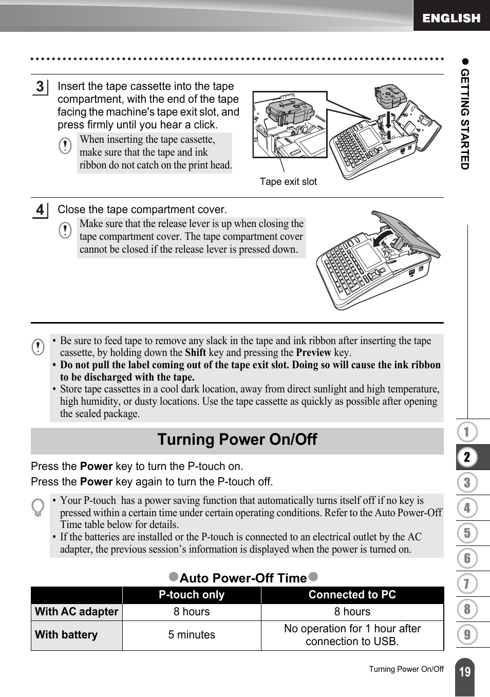 Turning power on/off | Brother LW6091001 User Manual | Page 23 / 84