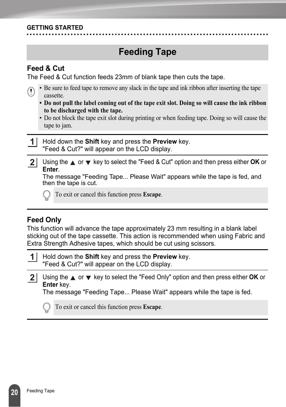Feeding tape, Feed & cut, Feed only | Feed & cut feed only | Brother LW6091001 User Manual | Page 24 / 84