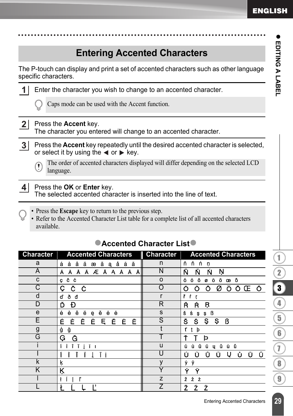 Entering accented characters, P. 29, Zentering accented characters | Brother LW6091001 User Manual | Page 33 / 84