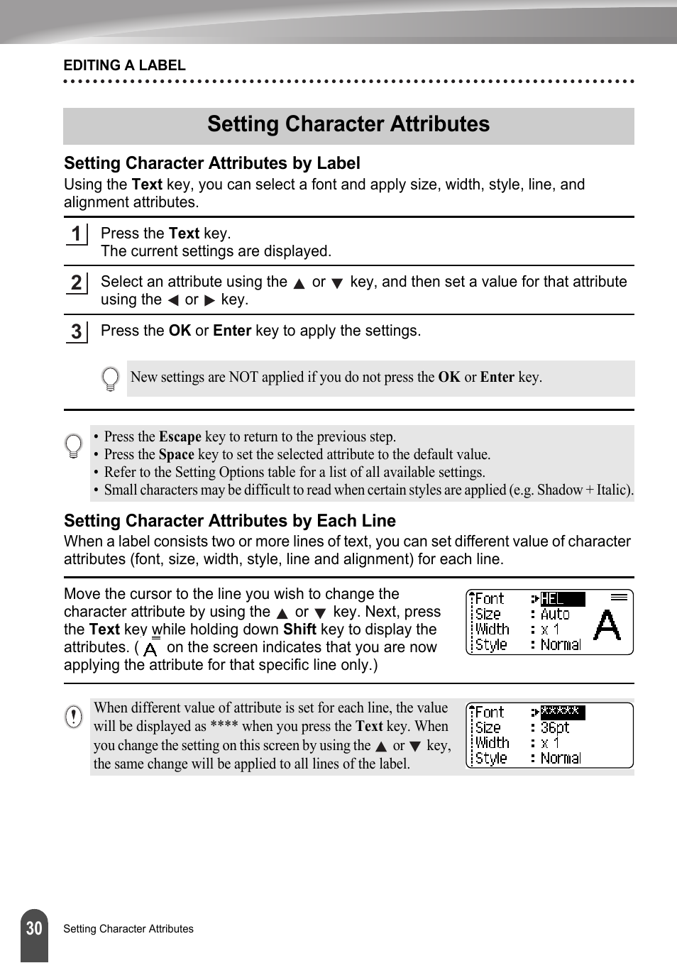 Setting character attributes, Setting character attributes by label, Setting character attributes by each line | Brother LW6091001 User Manual | Page 34 / 84