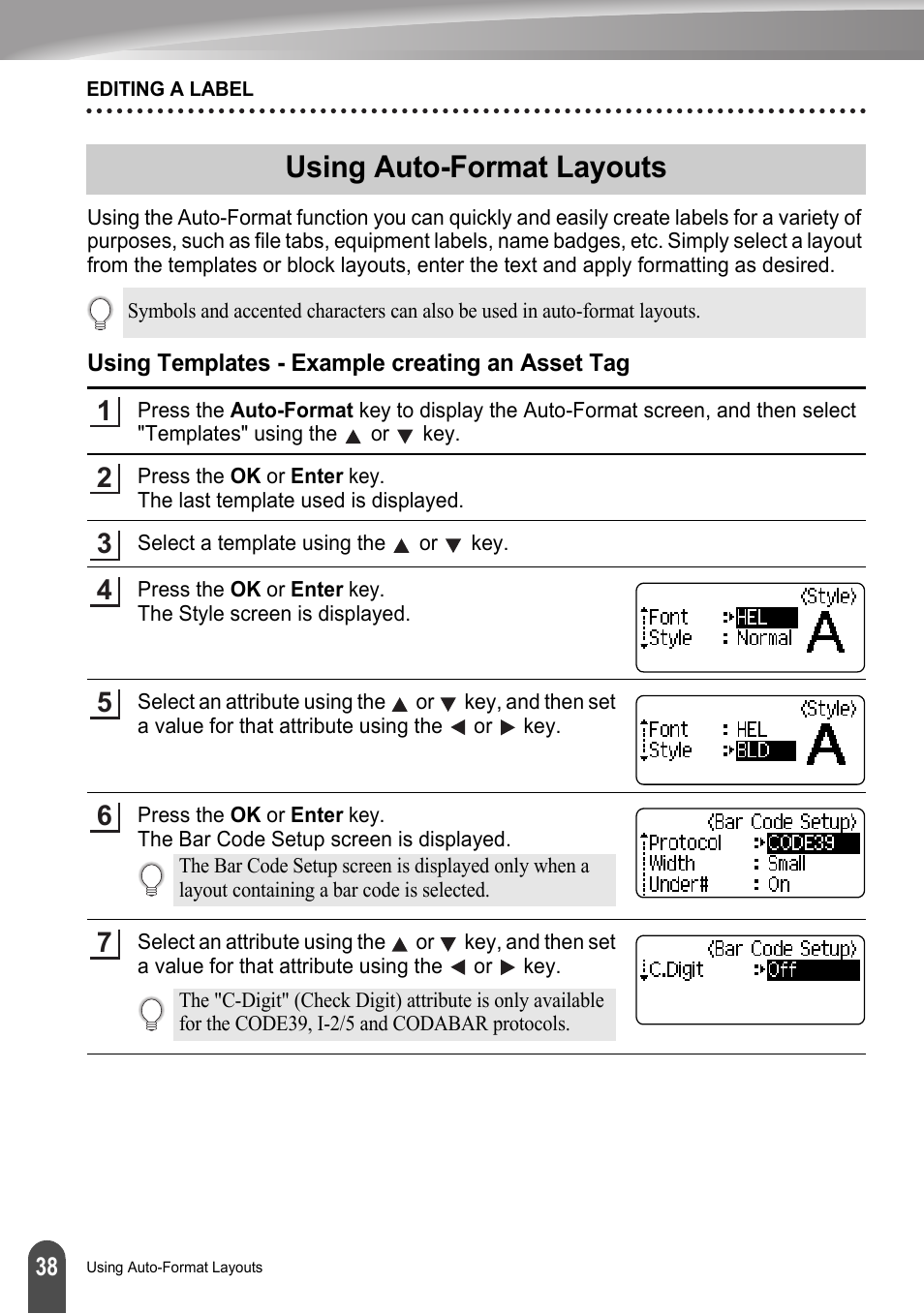 Using auto-format layouts, Using templates - example creating an asset tag, P. 38 | Brother LW6091001 User Manual | Page 42 / 84