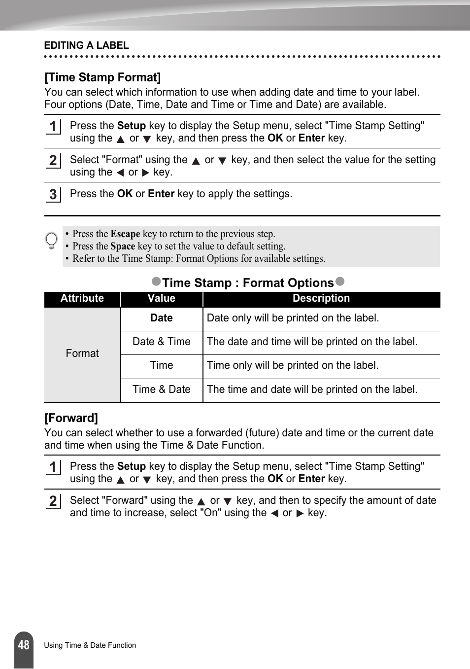 Time stamp format, Forward, Time stamp format] [forward | Brother LW6091001 User Manual | Page 52 / 84