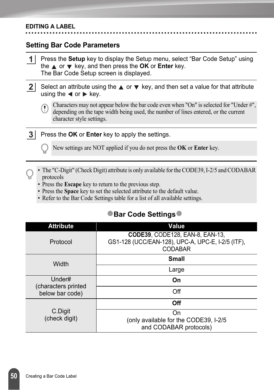Setting bar code parameters | Brother LW6091001 User Manual | Page 54 / 84