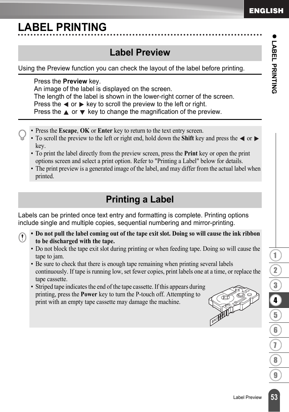 Label printing, Label preview, Printing a label | Label preview printing a label, P. 53 | Brother LW6091001 User Manual | Page 57 / 84